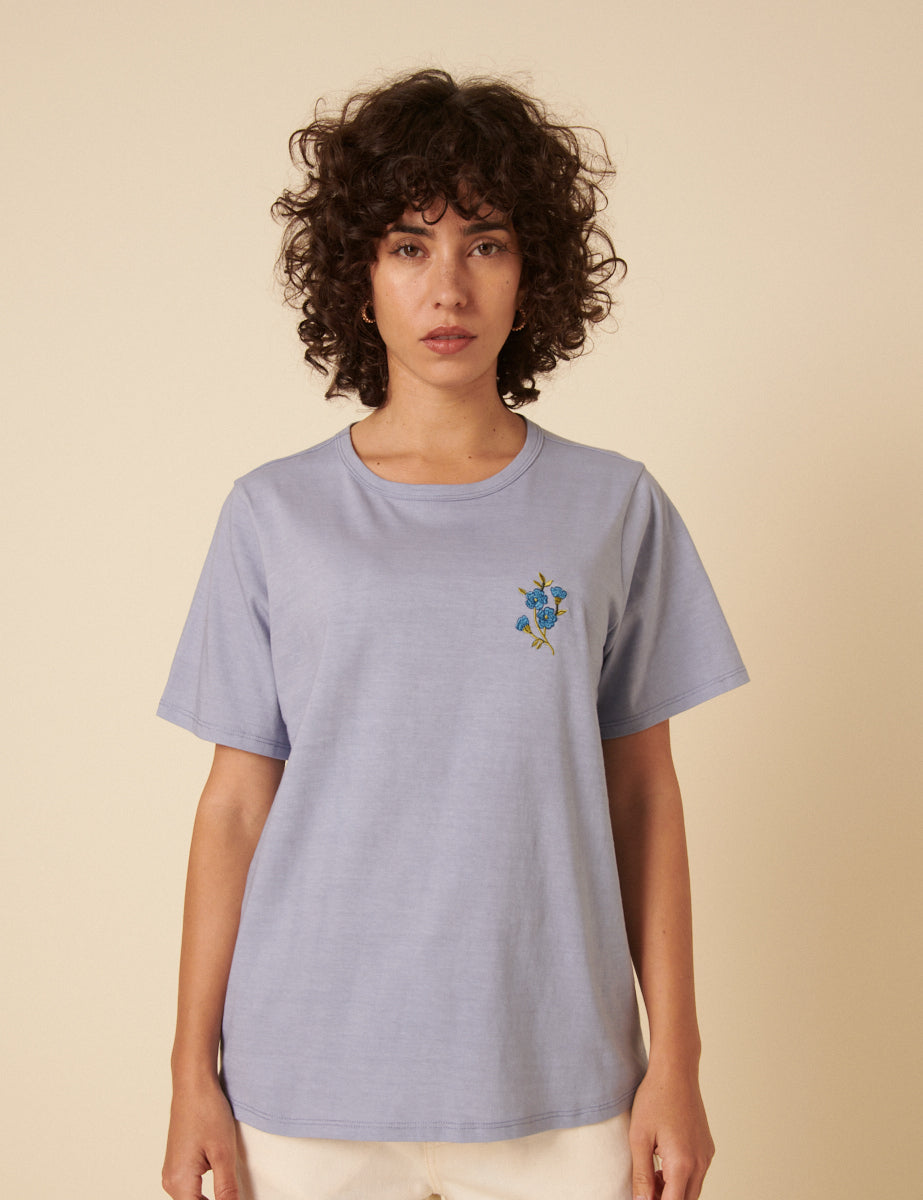 Blue Floral Embroidered T-Shirt