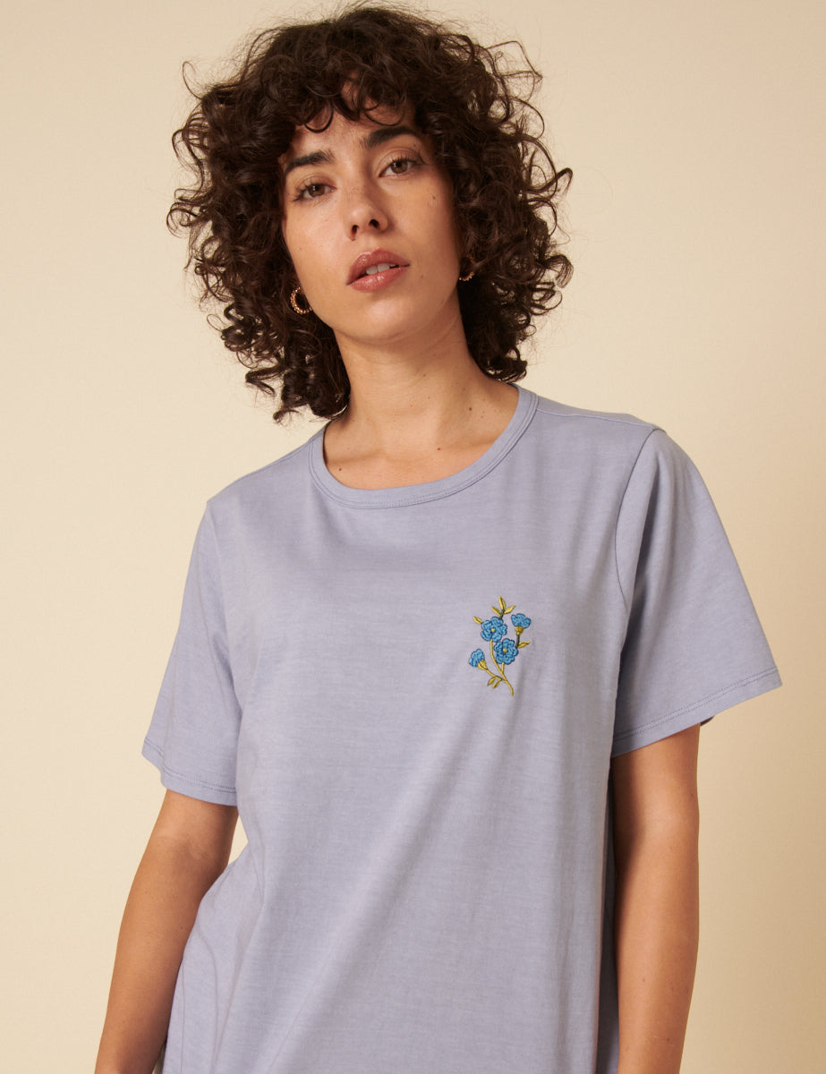 Blue Floral Embroidered T-Shirt