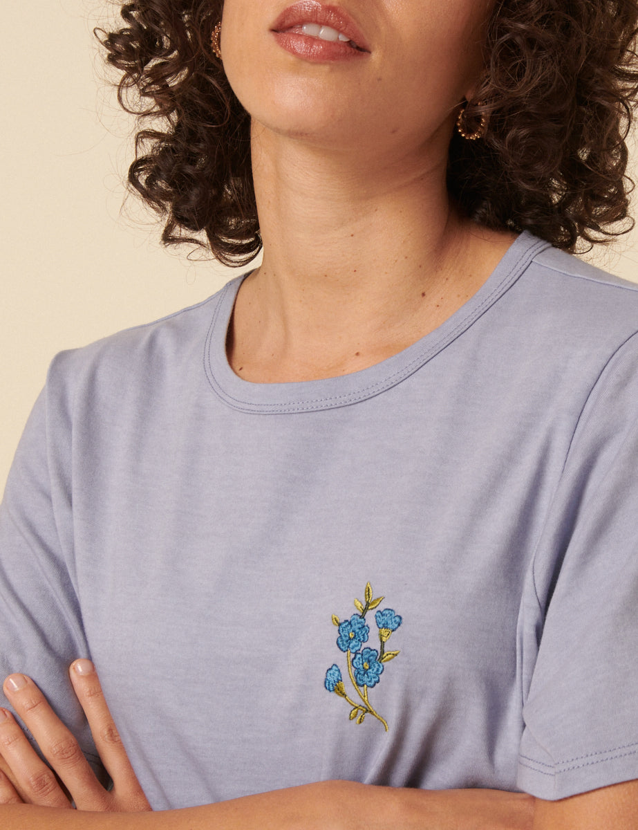 Blue Floral Embroidered T-Shirt