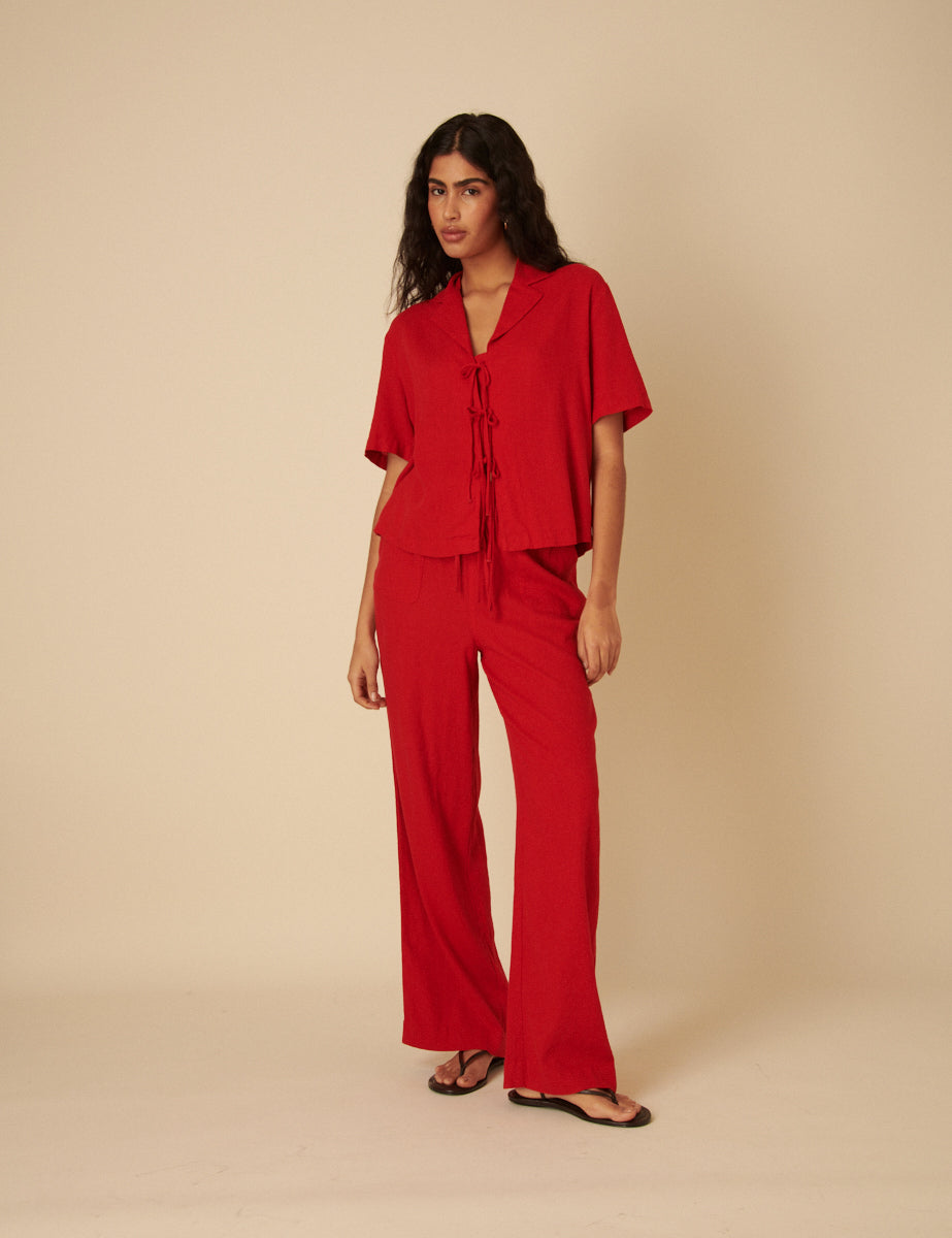 Red Linen-blend Tie Front Shirt