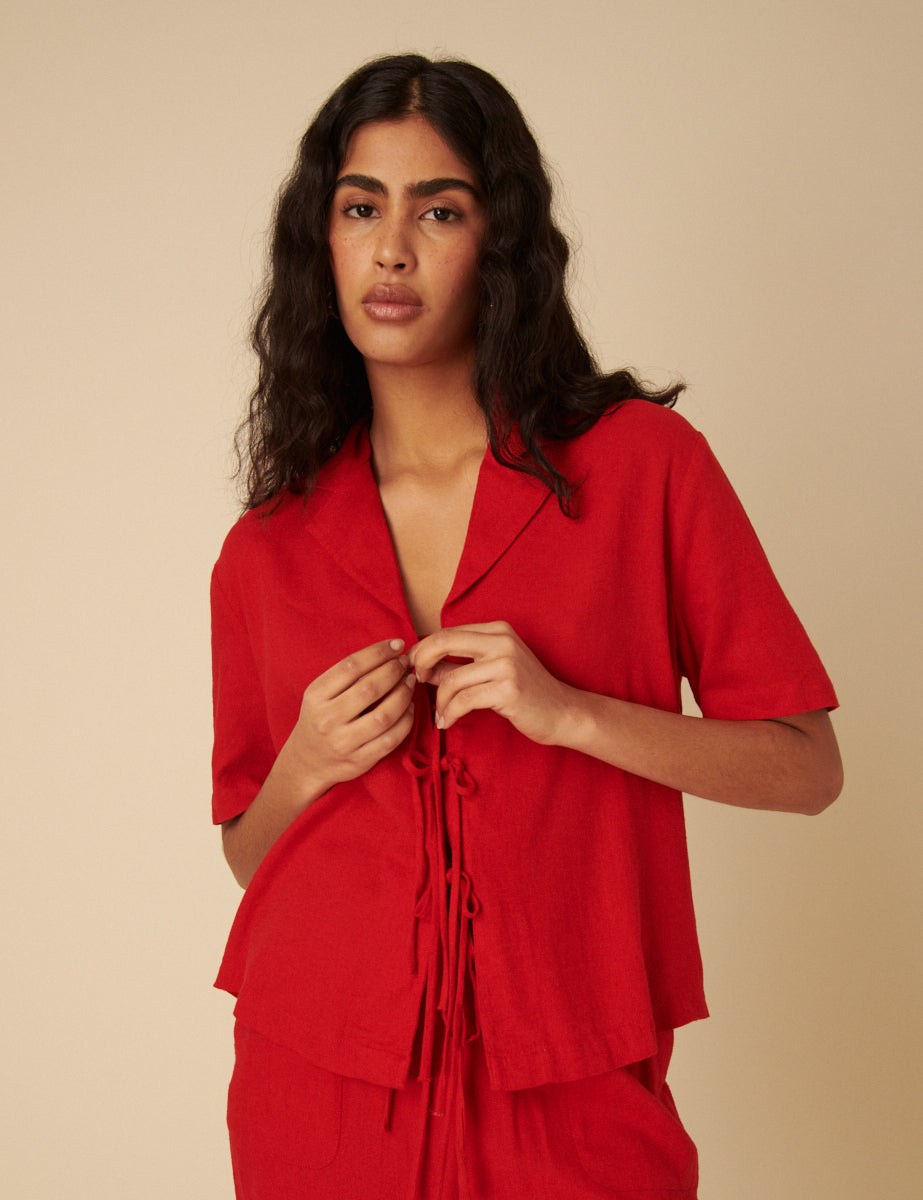 Red Linen-blend Tie Front Shirt