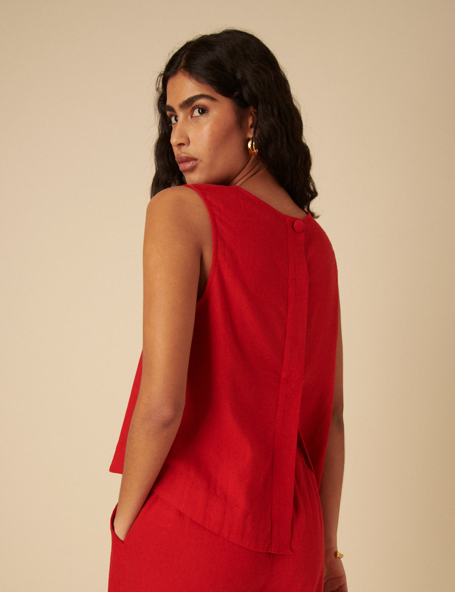 Red Linen-blend Swing Top