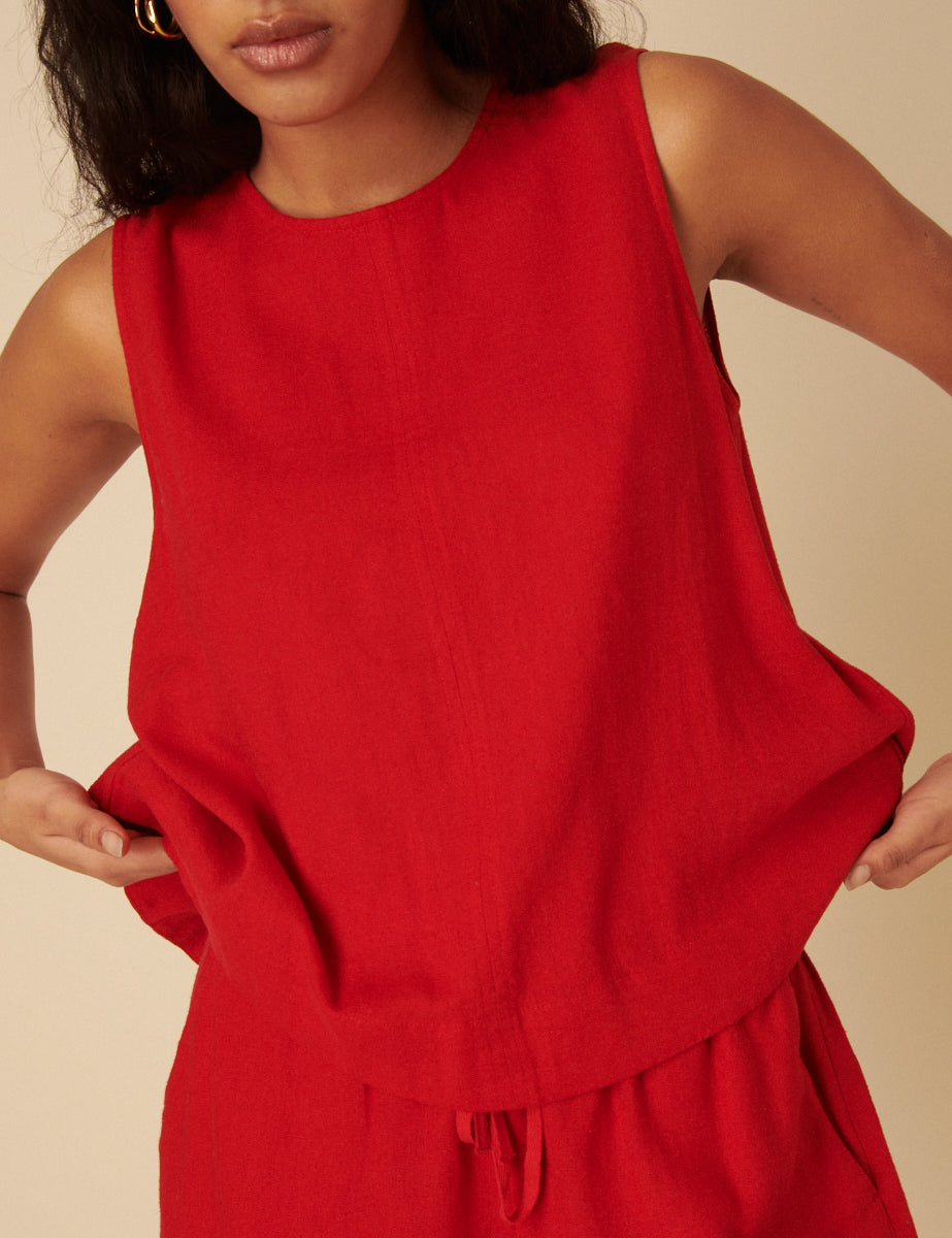 Red Linen-blend Swing Top