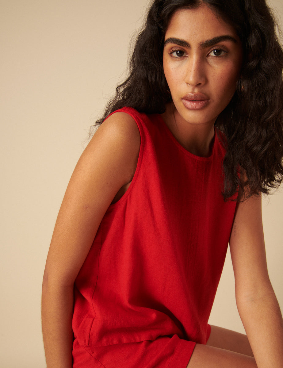 Red Linen-blend Swing Top