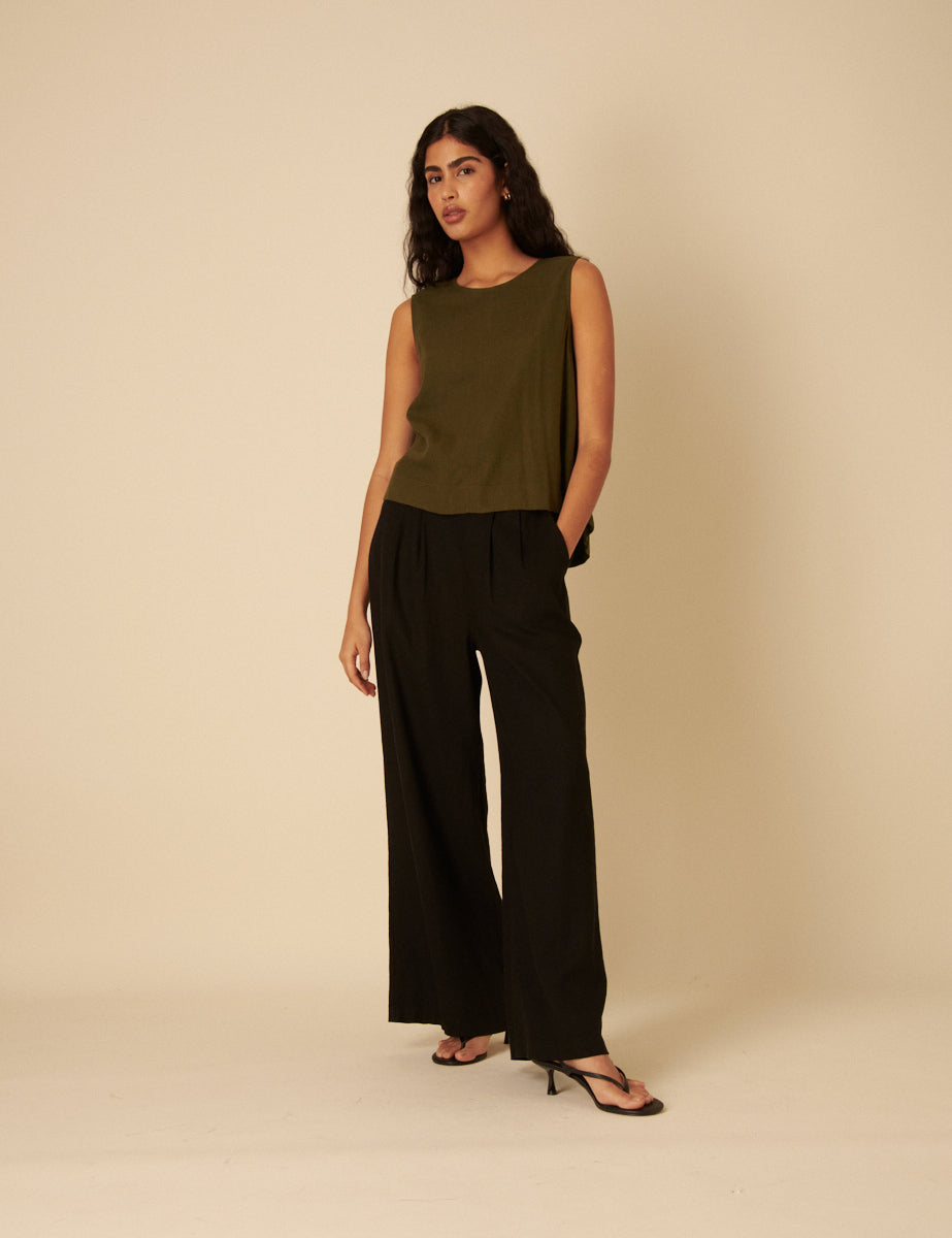 Green Linen-blend Swing Top