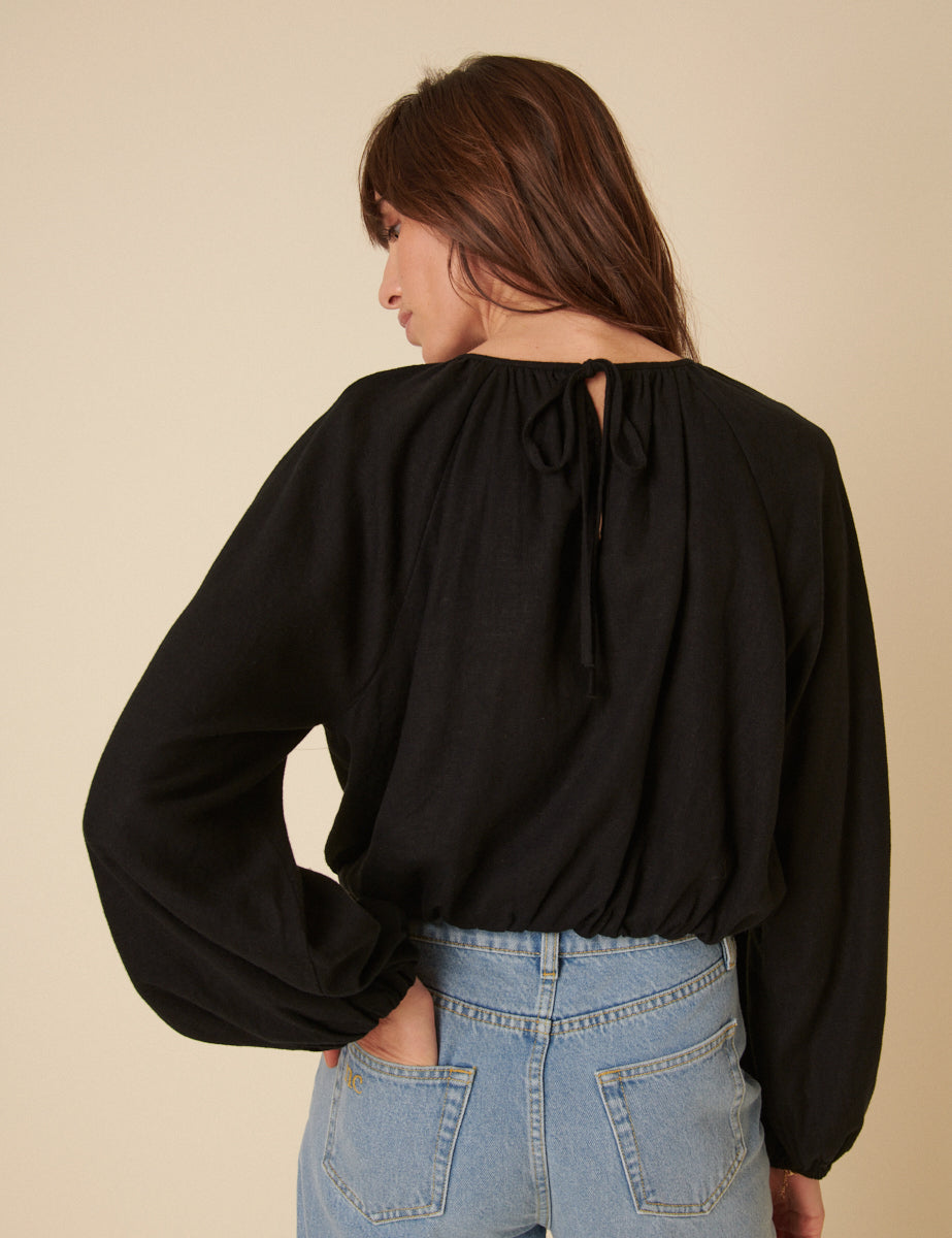 Black Pleated Linen-blend Bubble Hem Top