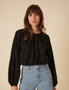 Black Pleated Linen-blend Bubble Hem Top