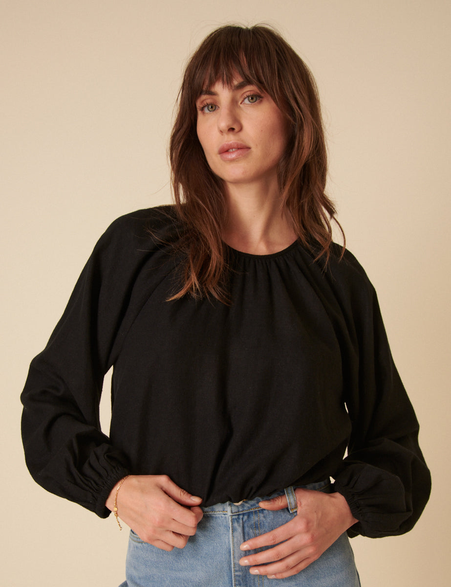 Black Pleated Linen-blend Bubble Hem Top