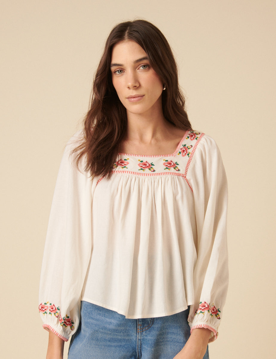 White Floral Embroidered Top