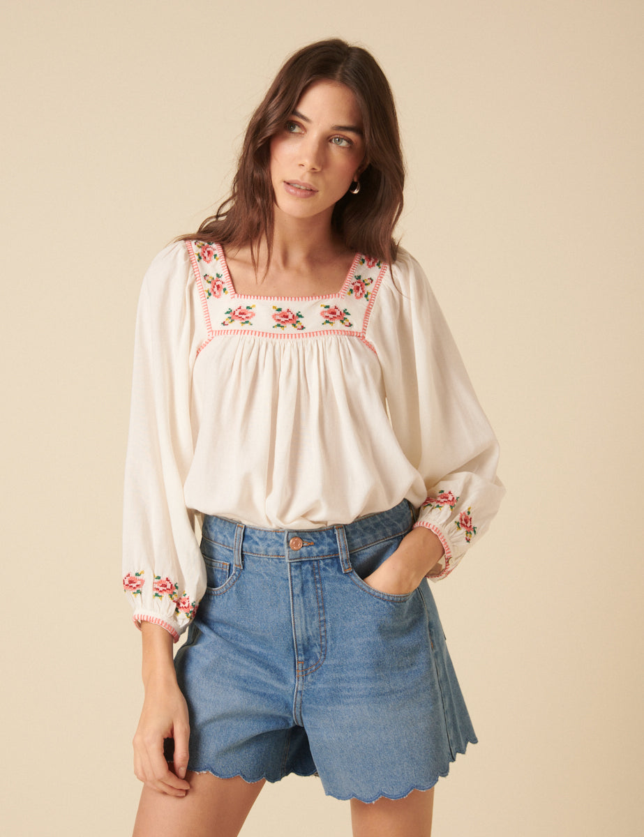 White Floral Embroidered Top