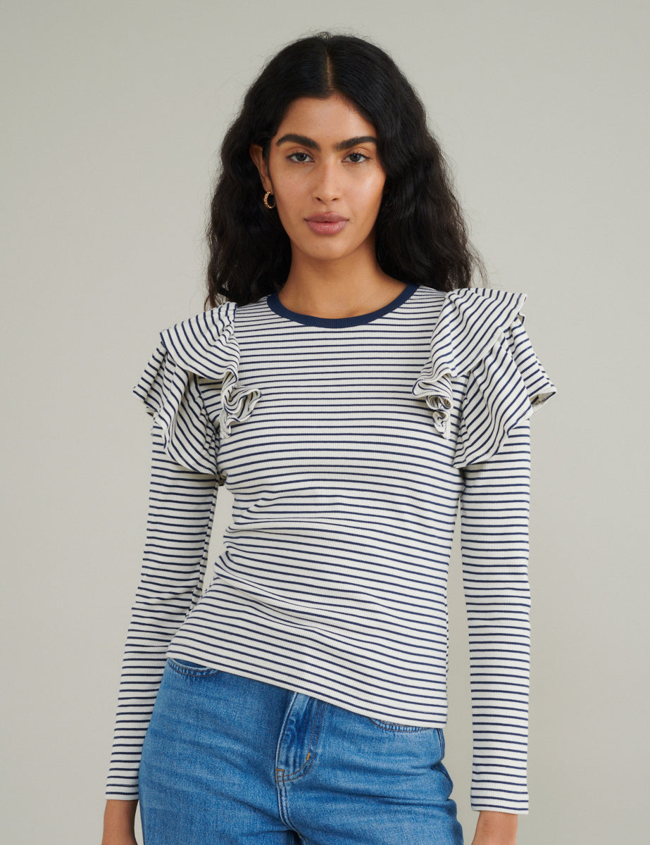 Blue And White Stripe Frill Shoulder Top