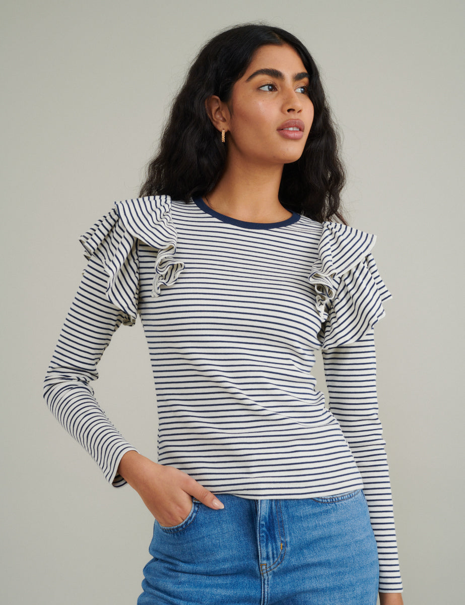 Blue And White Stripe Frill Shoulder Top