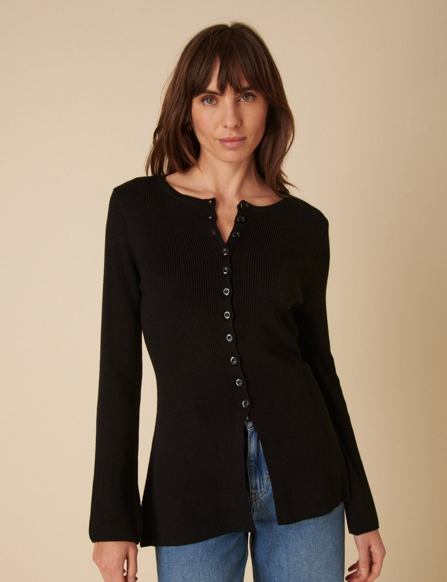 Black Ribbed Long Line Cardigan