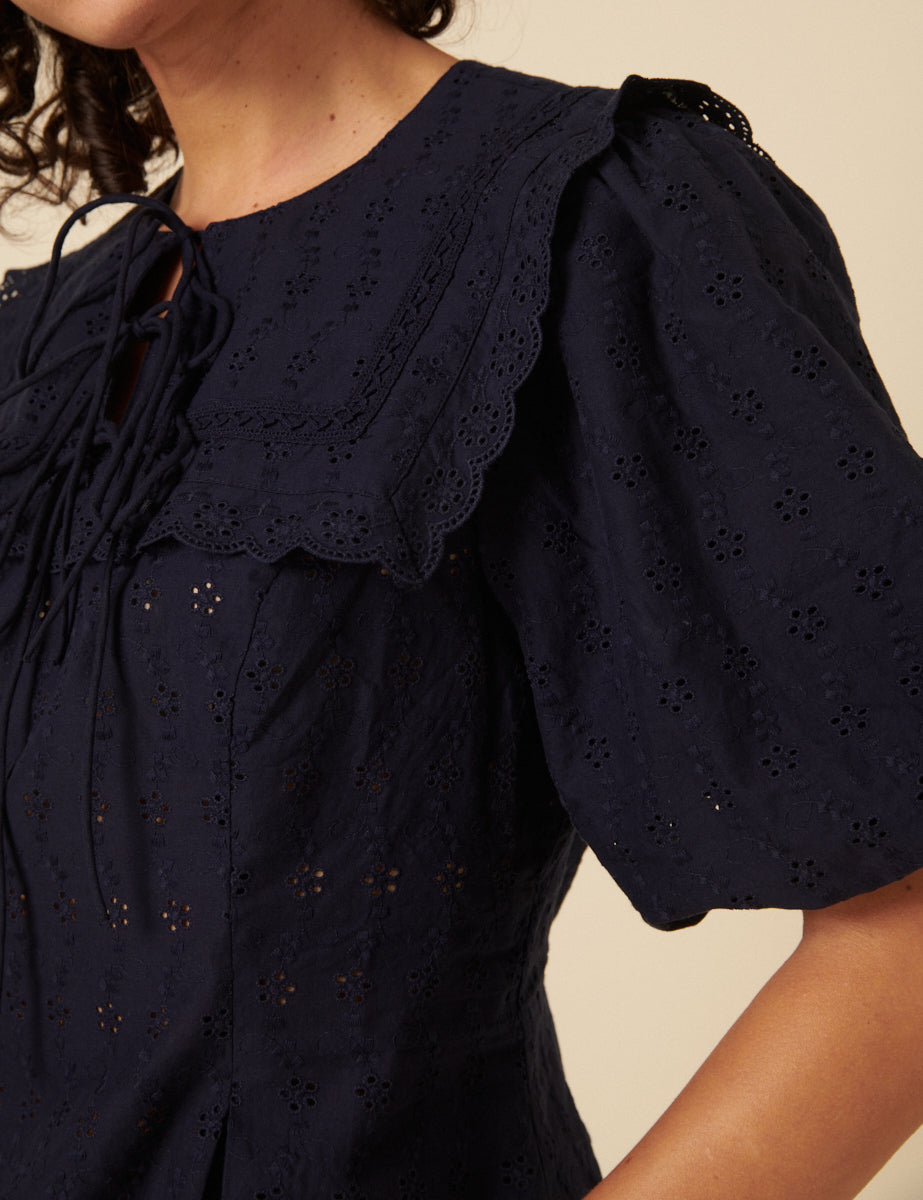 Navy Broderie Anglaise Collar Blouse