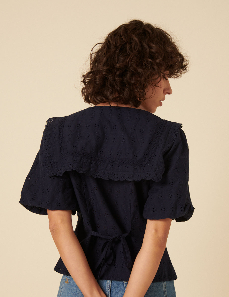 Navy Broderie Anglaise Collar Blouse