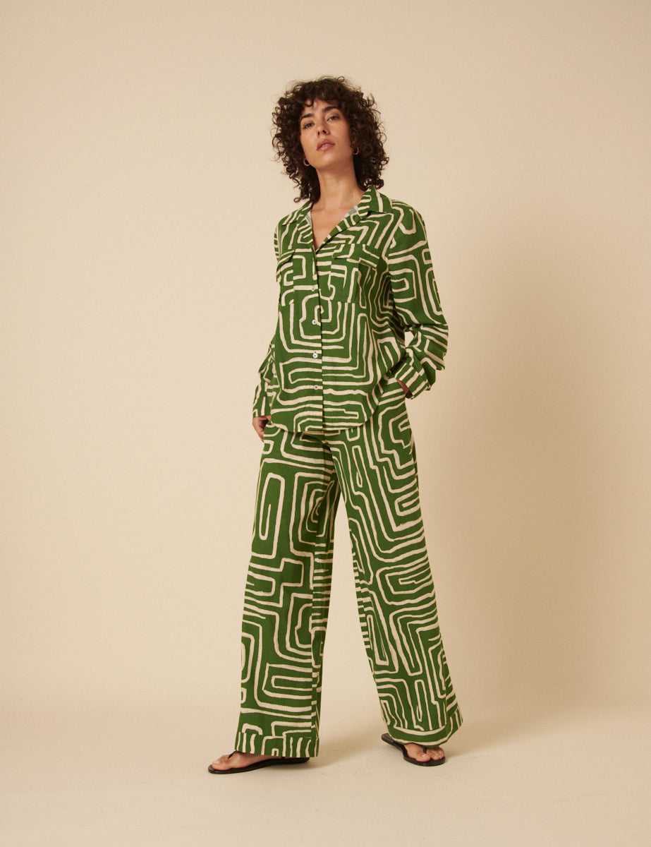 Green Abstract Print Linen-blend Shirt