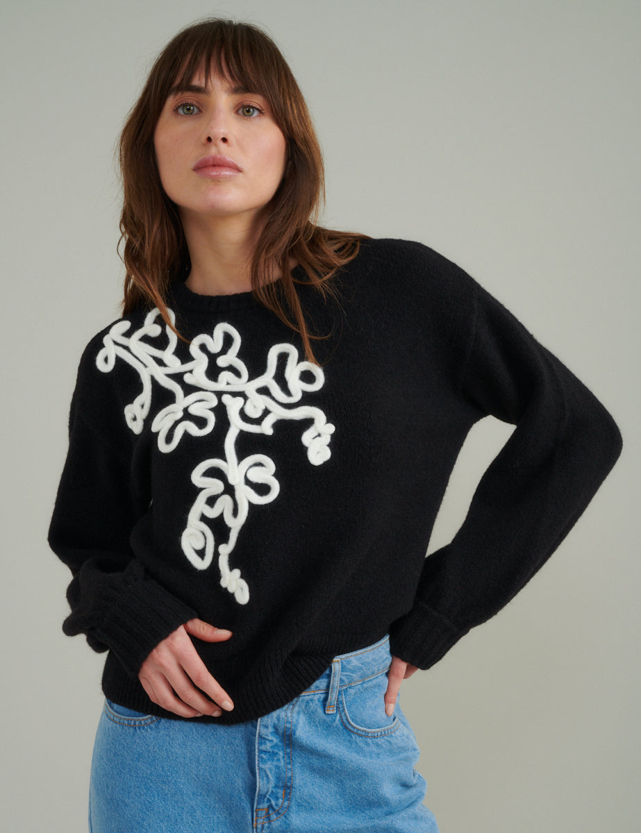 Black Floral Embroidered Knitted Jumper