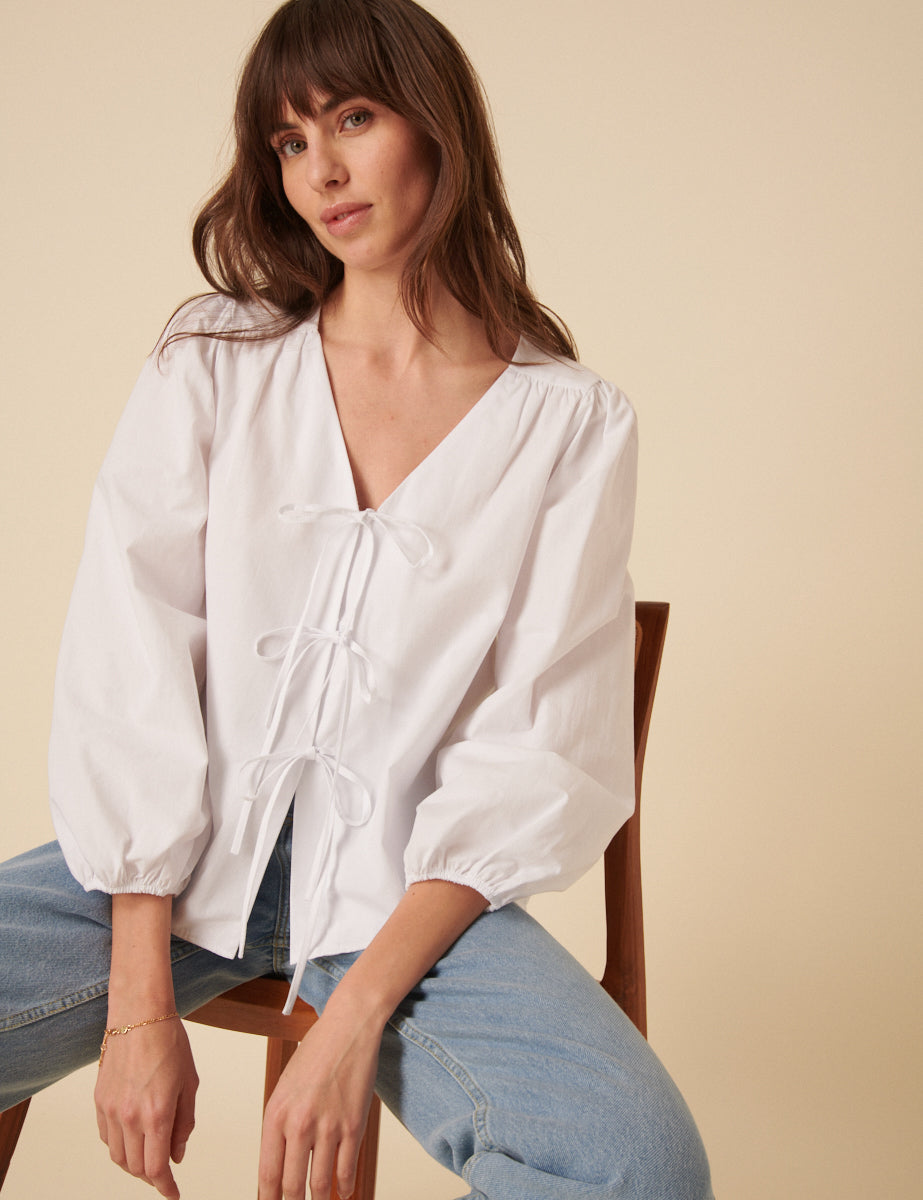 White Tie-Front Long Sleeve Bernadetta Blouse