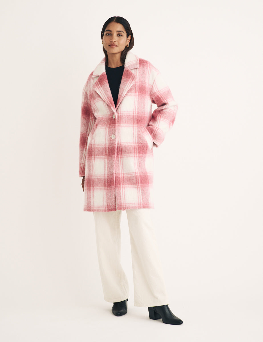 Pink Check Wool Blend Coat