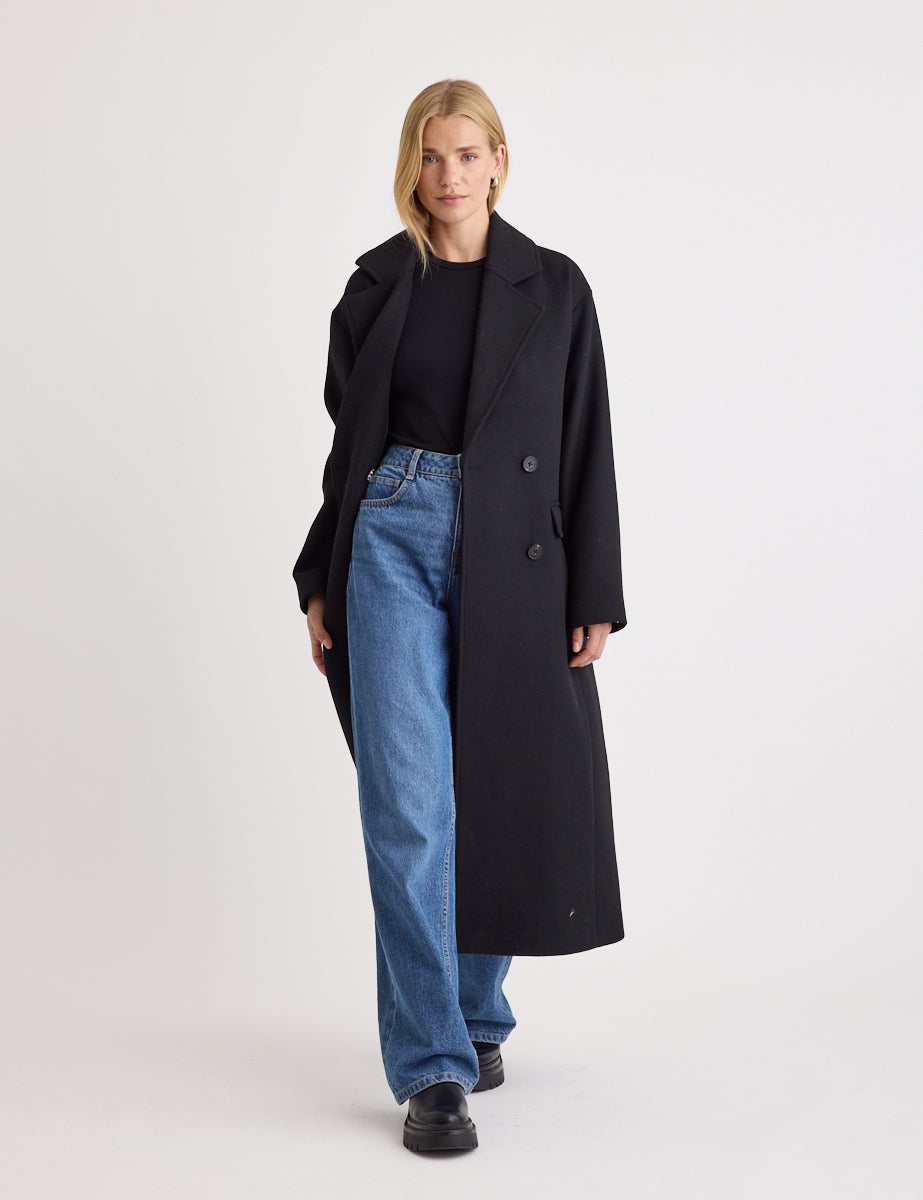 Black Double Breasted Wool Blend Coat