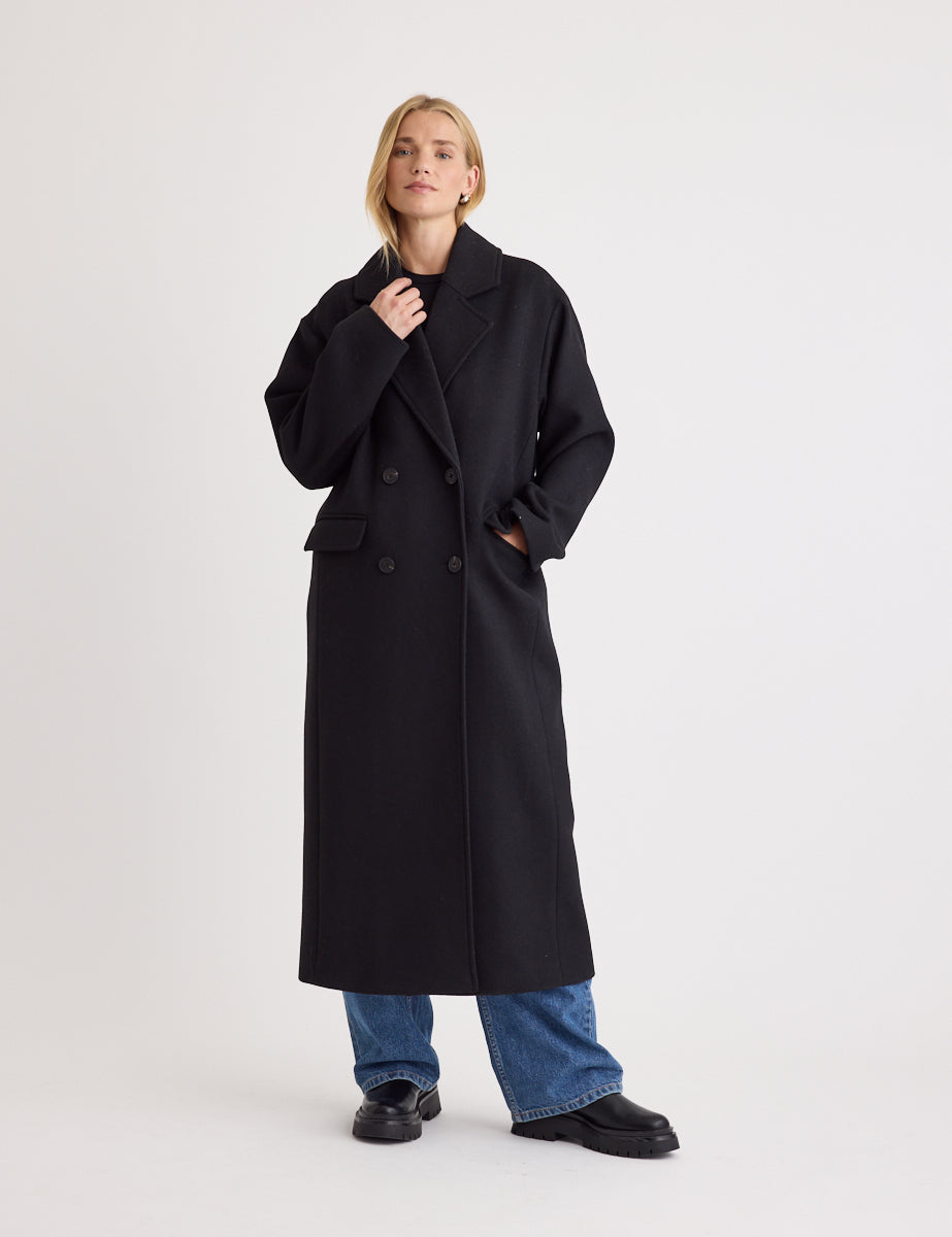 Black Double Breasted Wool Blend Coat