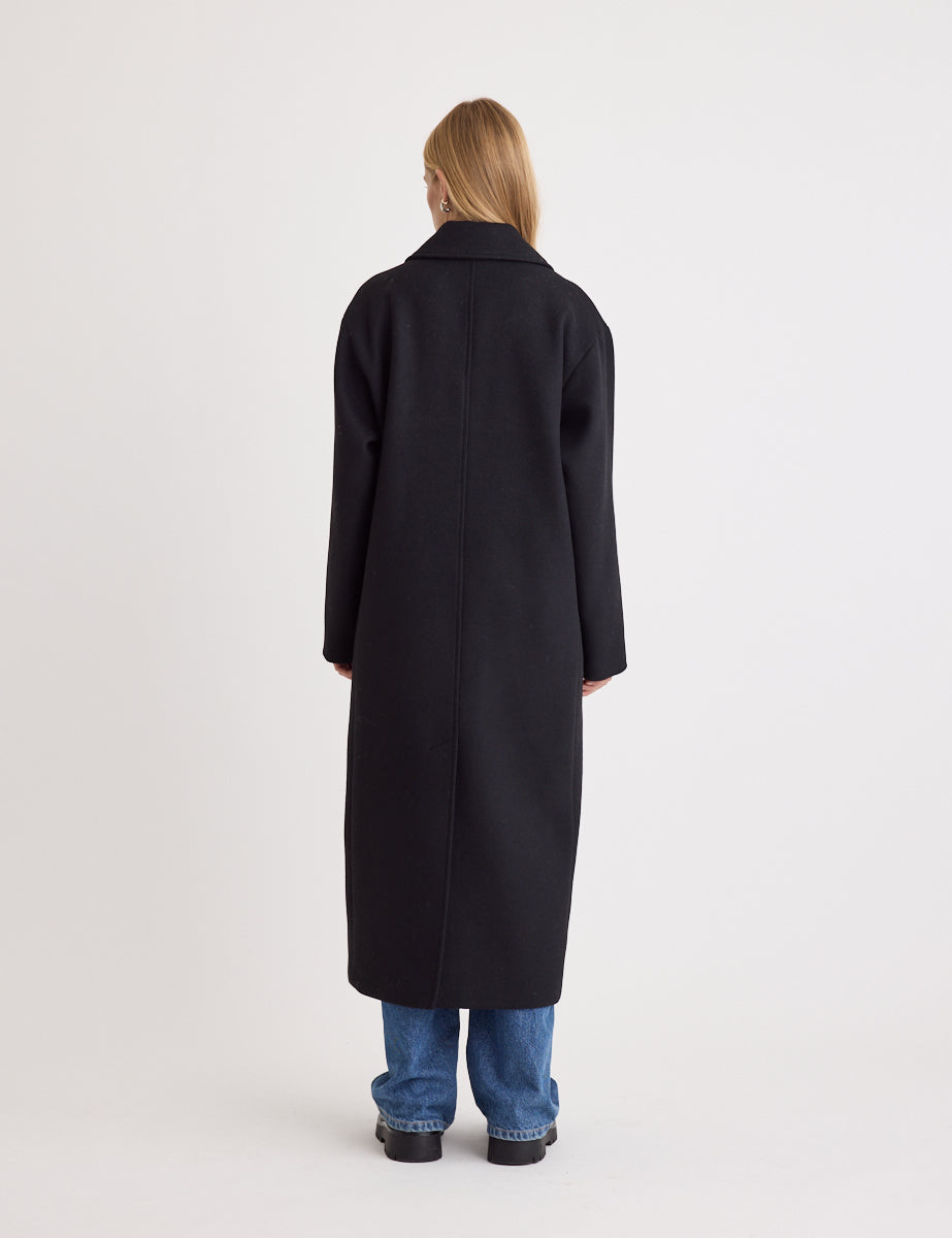 Black Double Breasted Wool Blend Coat