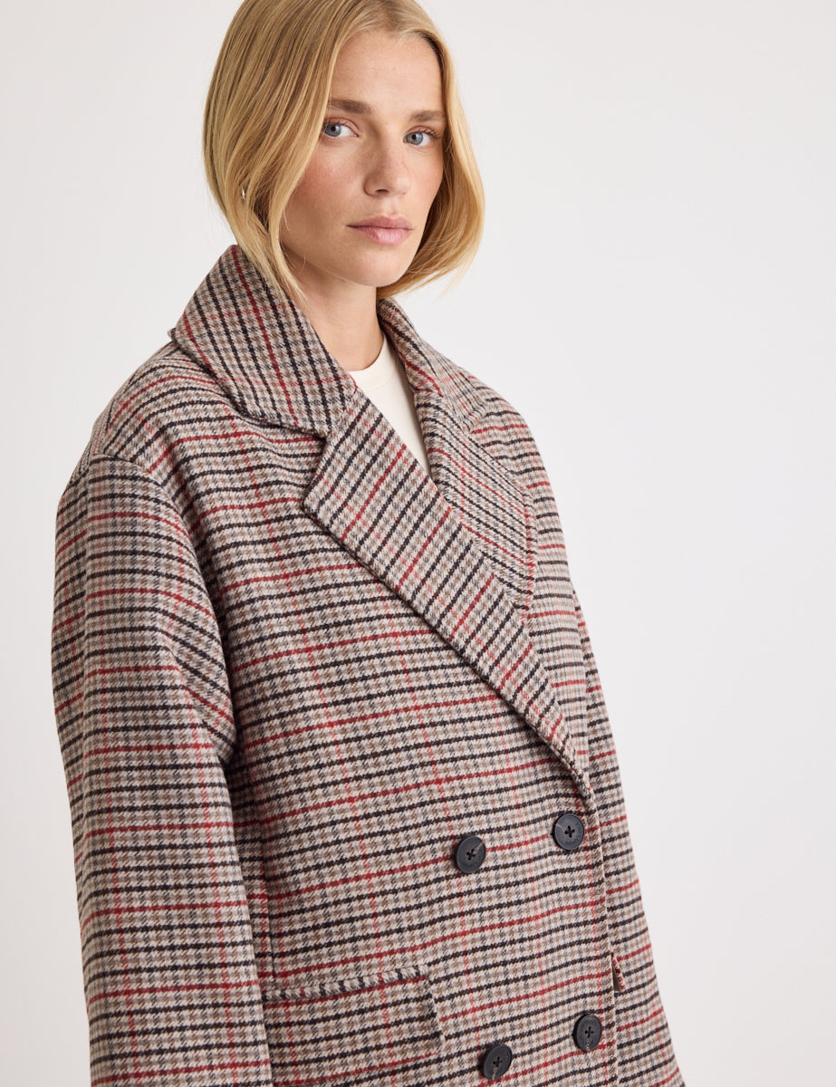 Oversized Heritage Check Double Breasted Wool Blend Coat