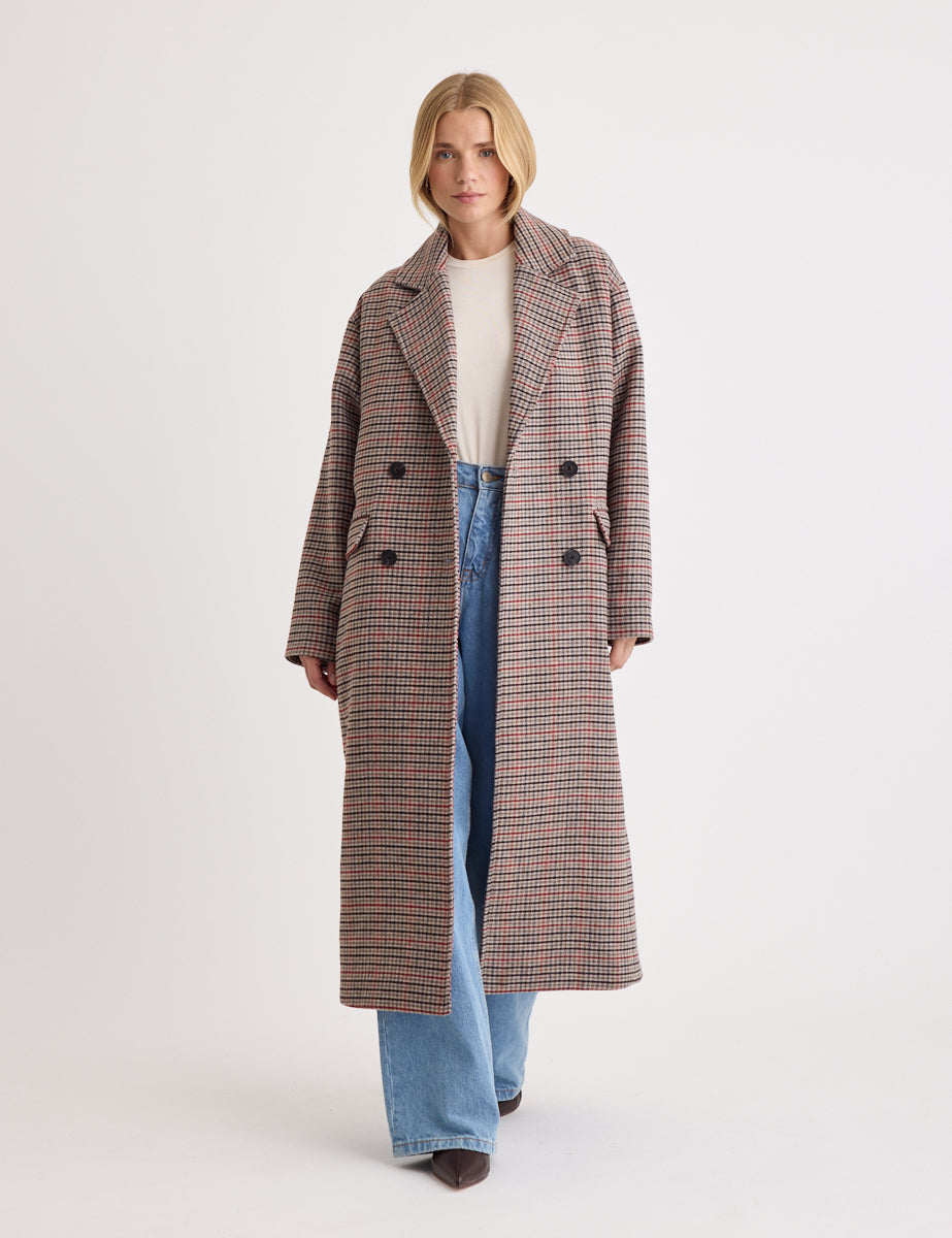 Oversized Heritage Check Double Breasted Wool Blend Coat