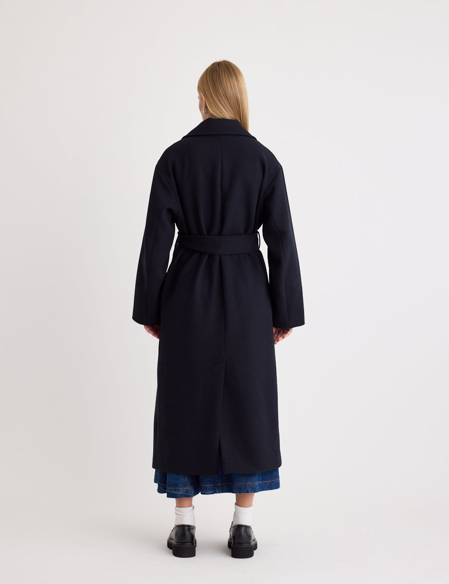 Oversized Navy Belted Wool Blend Coat