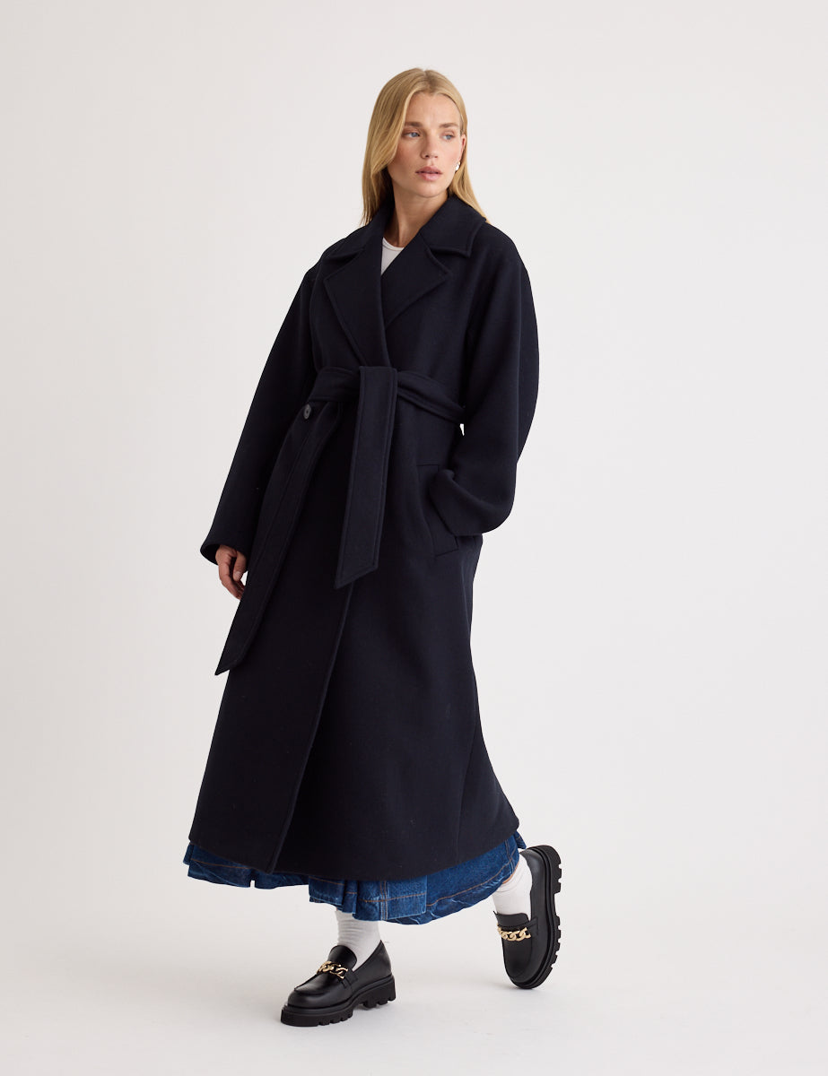 Oversized Navy Belted Wool Blend Coat