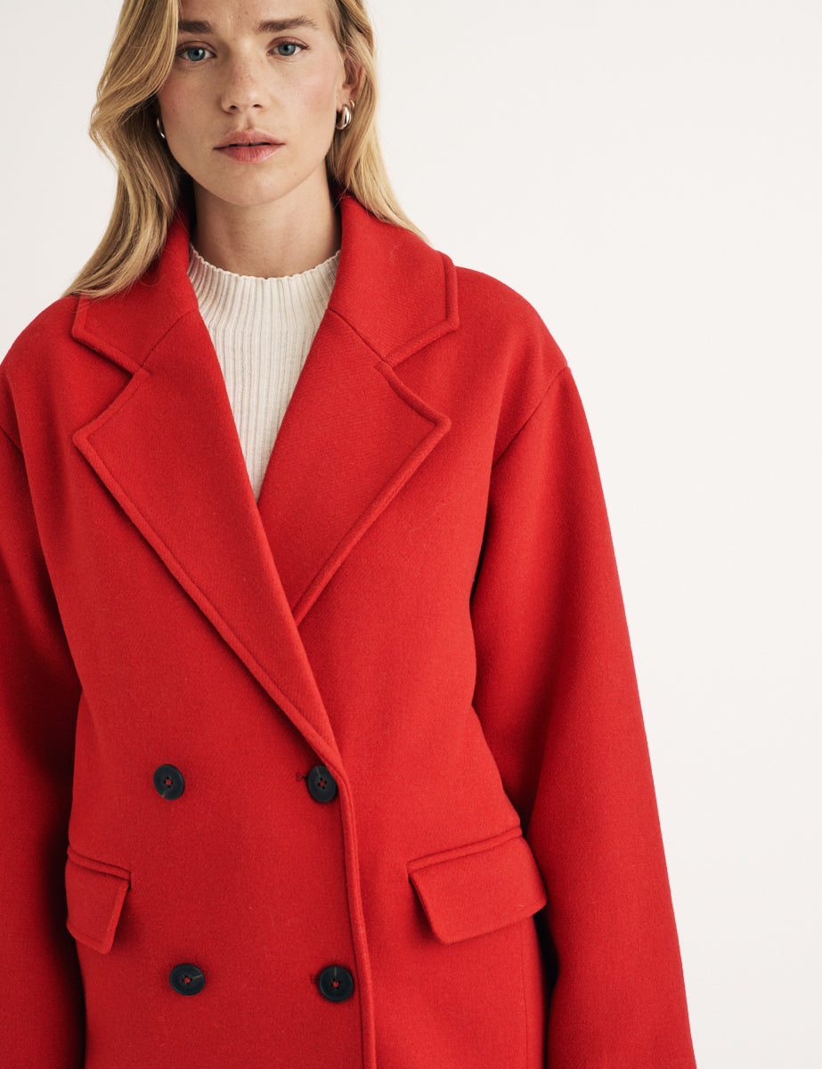 Oversized Red Double Breasted Wool Blend Coat