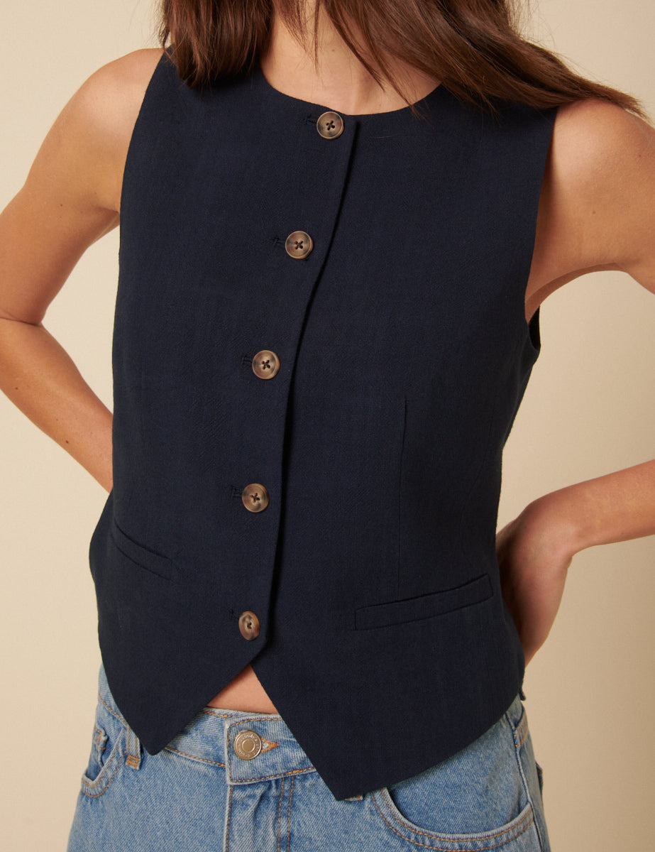 Navy Tailored Crew Neck Waistcoat