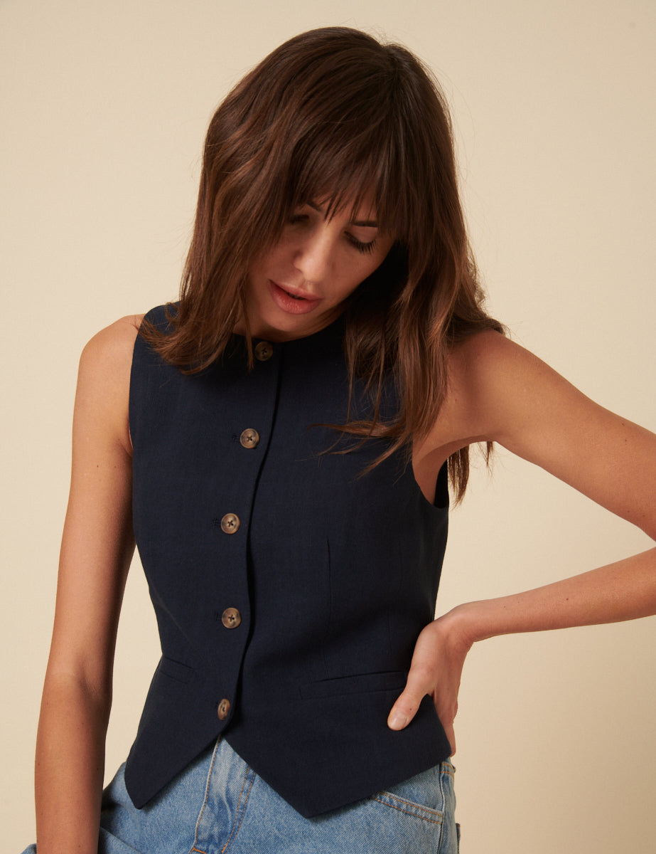 Navy Tailored Crew Neck Waistcoat