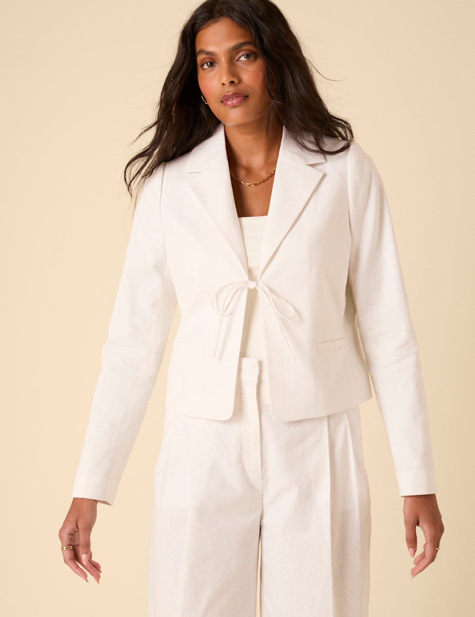 White Linen-blend Tie Front Jacket