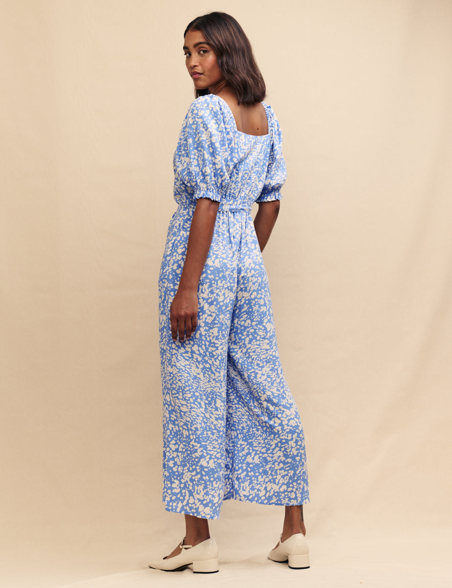 Petite Blue Printed Tie Waist Romilly Jumpsuit