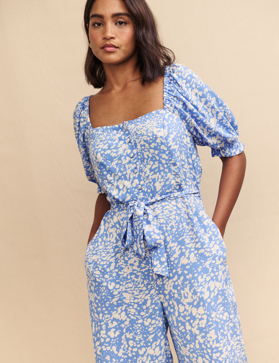 Petite Blue Printed Tie Waist Romilly Jumpsuit