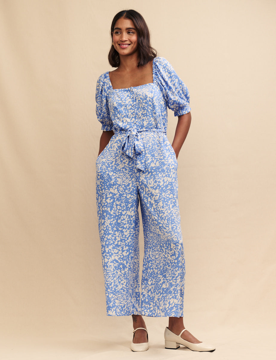 Petite Blue Printed Tie Waist Romilly Jumpsuit