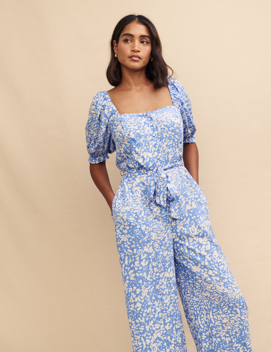 Petite Blue Printed Tie Waist Romilly Jumpsuit