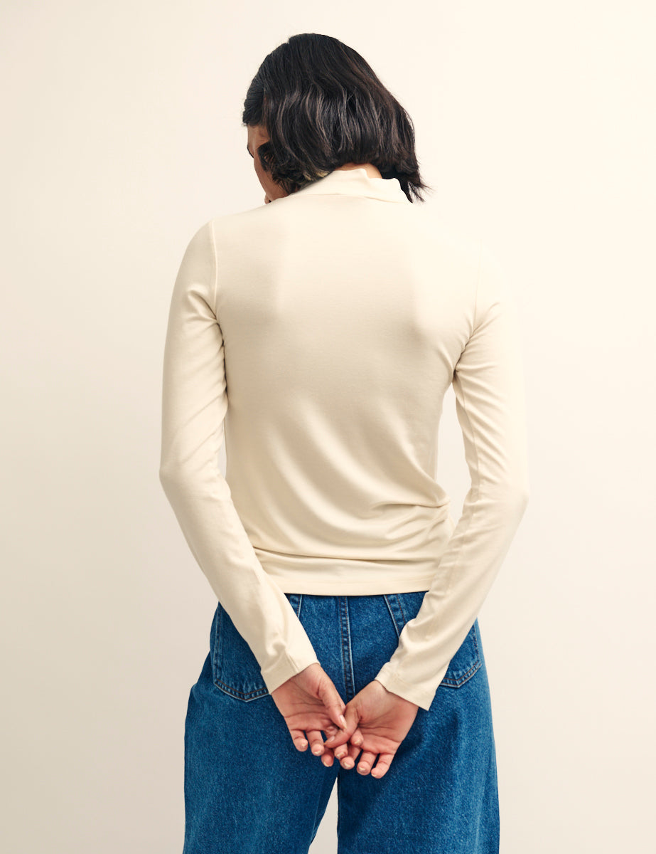 Cream Funnel Neck Long Sleeve Top