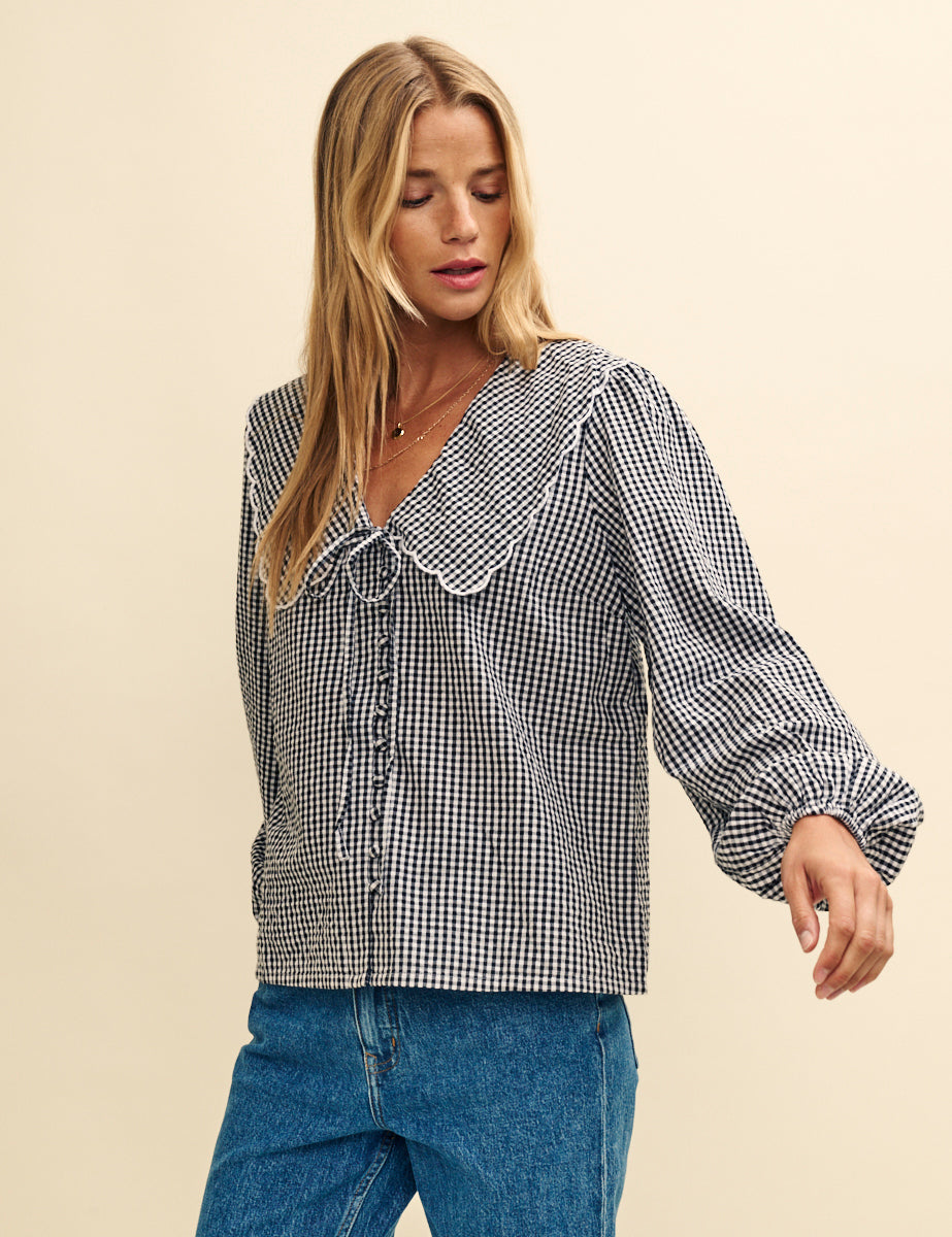 Black Gingham Long Sleeve Birdie Blouse