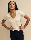 Cream V-Neck Button Detail Short Sleeve Top