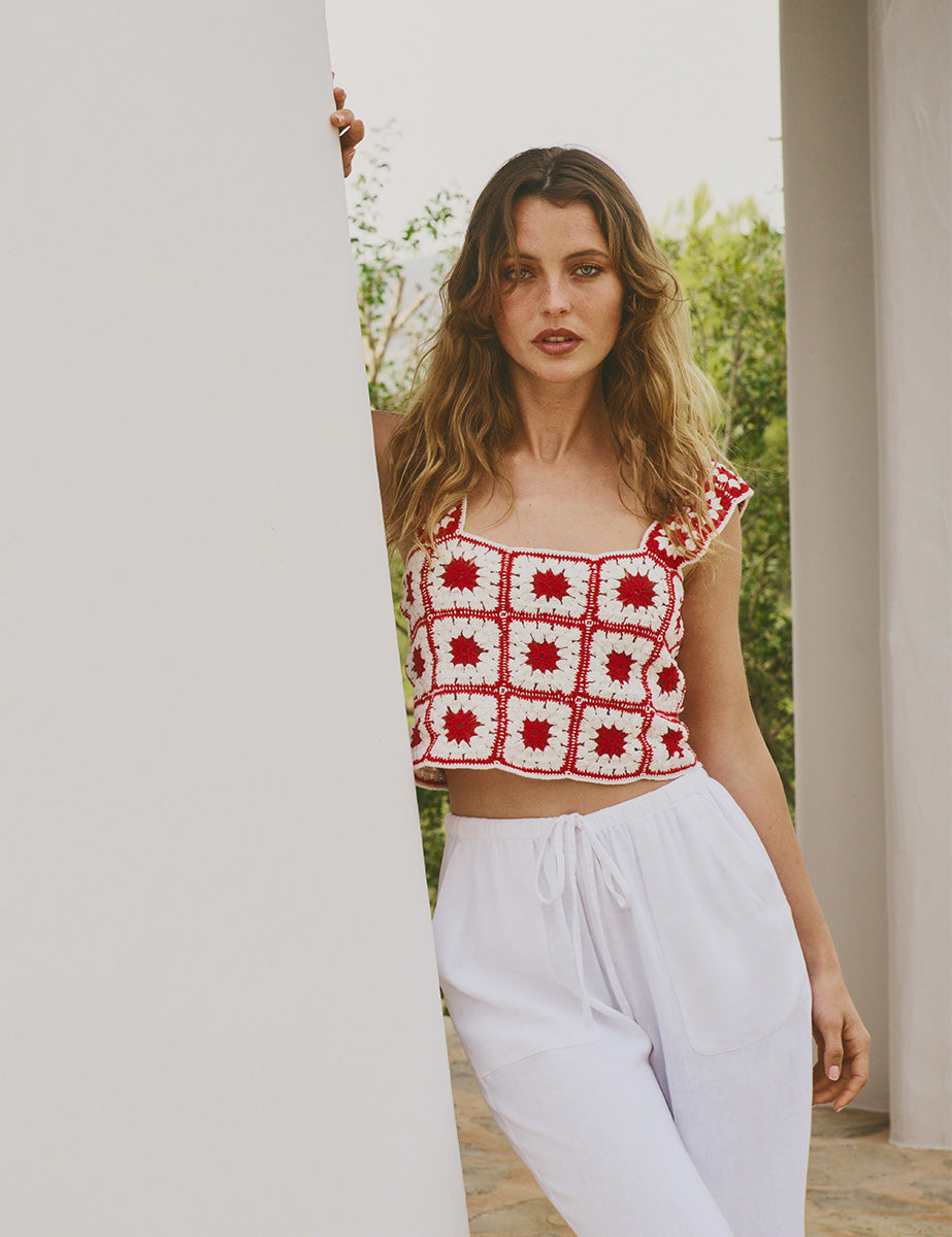 Red and White Crochet Patchwork Marcella Top