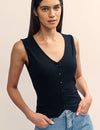 Black V-Neck Button Detail Sleeveless Top