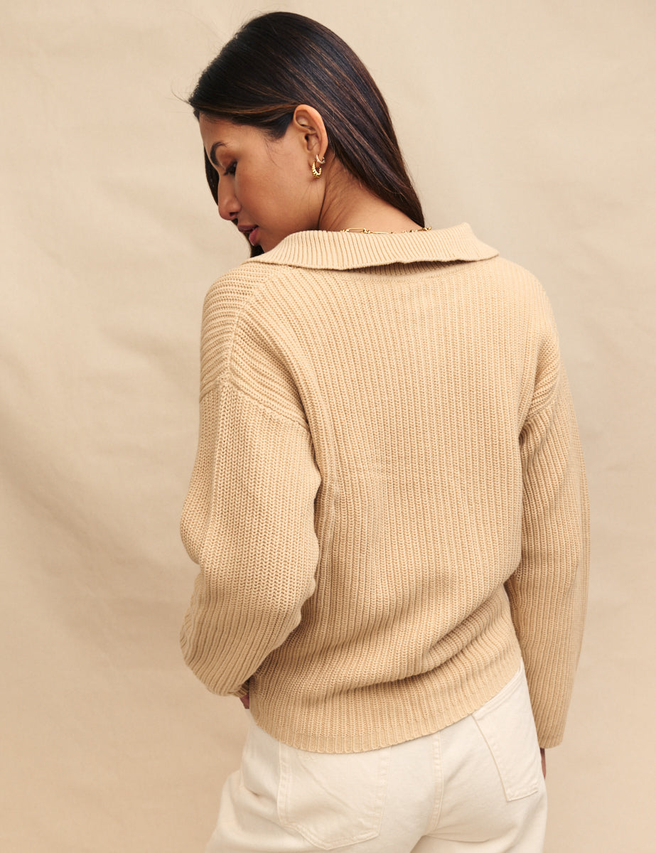 Beige Collared Zip Up Cardigan