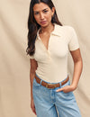 Cream Ribbed Polo Top