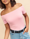 Pink Short Sleeve Ribbed Bardot Top