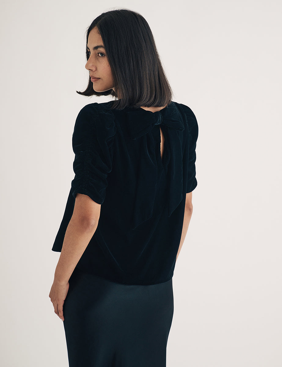 Black Velvet Gathered Sleeve Top