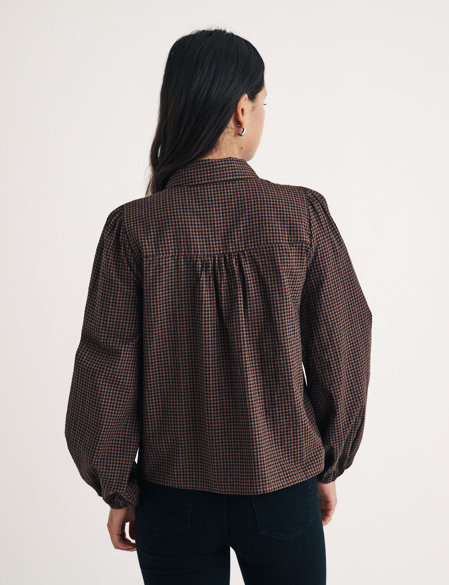 Brown Gingham Puff Sleeve Shirt