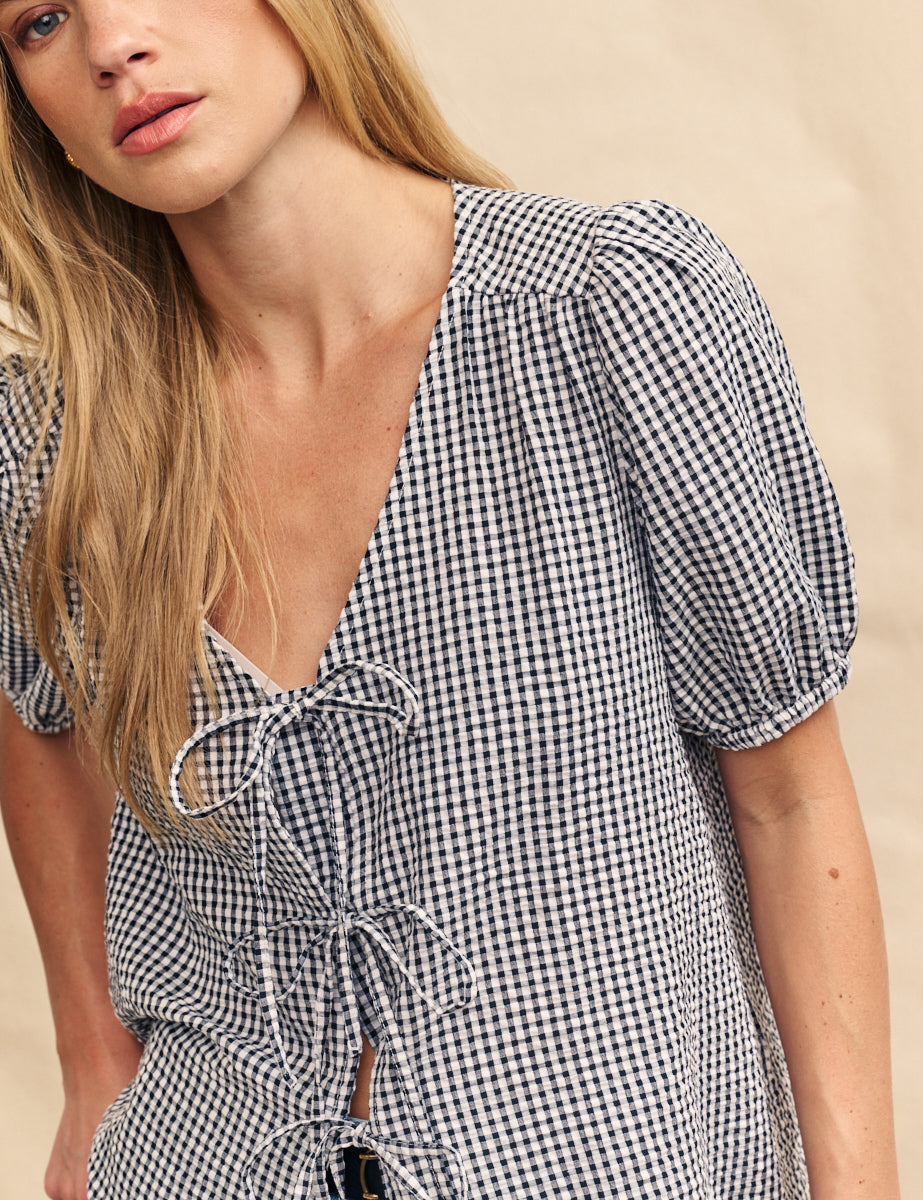 Black Gingham Tie Front Bernadetta Blouse