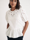 White Puff Sleeve Cutwork Detail Peplum Top